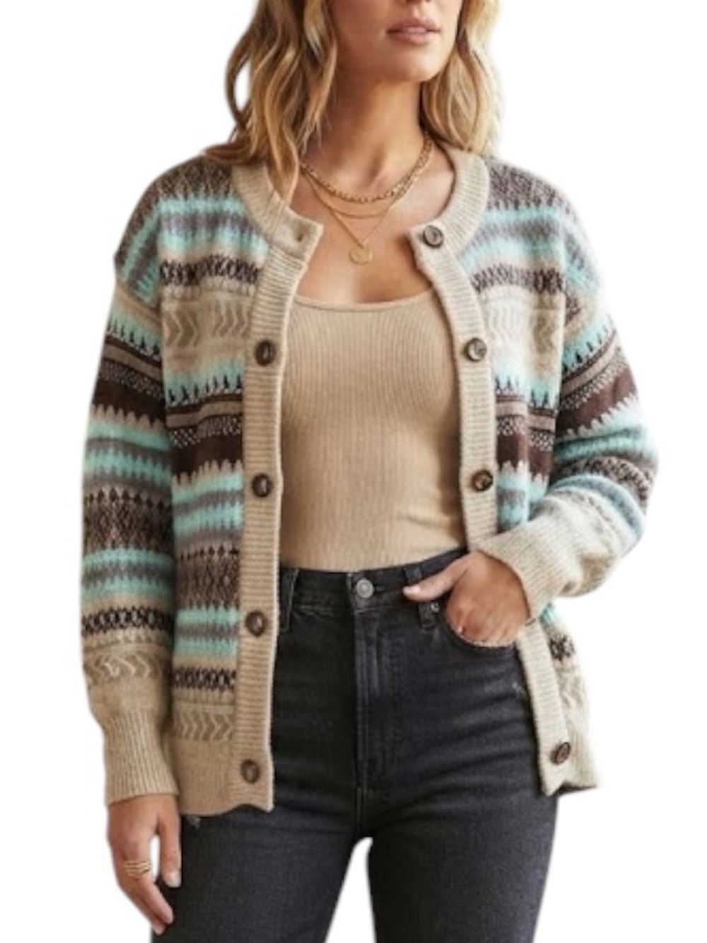 VINTAGE Knit Button Front Cardigan Beige Blue Brown Cottagecore Grandpacore M L